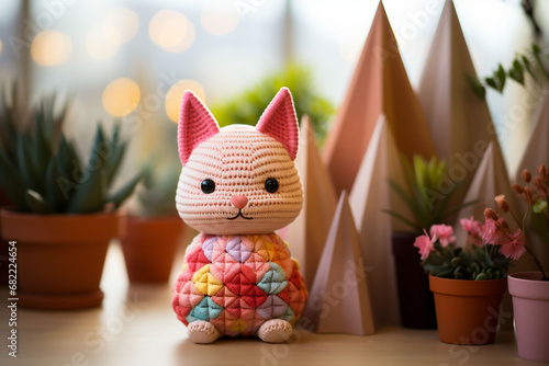 A small colorful crocheted and sewn toy bunny in the room on a wooden table with flower pots. Child and eco Friendly sustainable Toy, Handmade Crochet Playtime. Copy space.