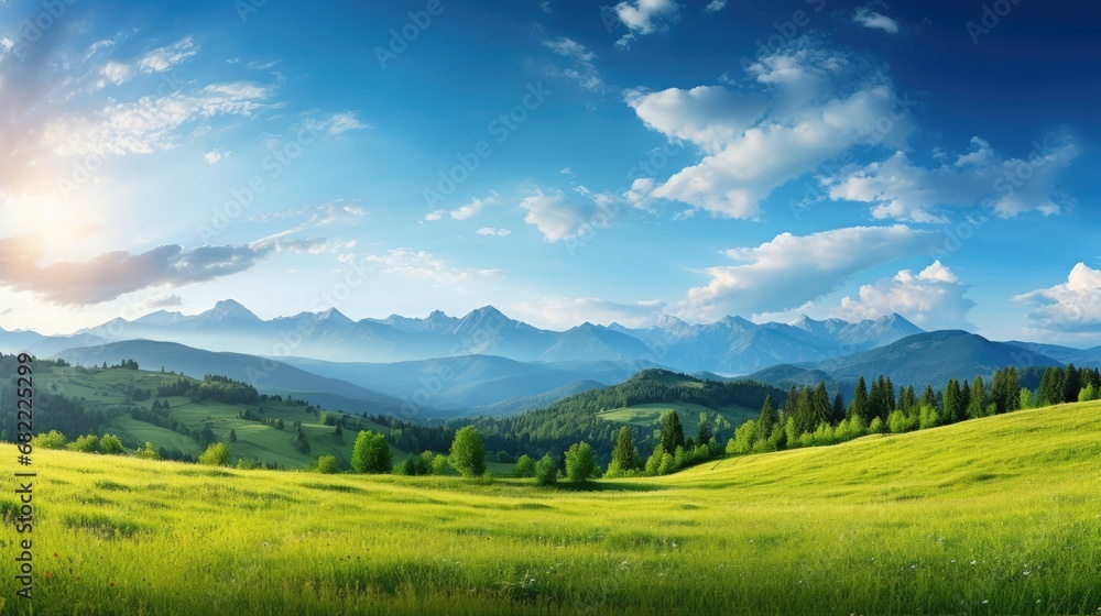 background of a vibrant summer landscape, the majestic mountains loom tall against the clear blue sky, while the sun sets, casting a golden glow over the lush green trees and grass, creating a