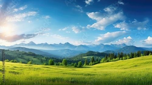 background of a vibrant summer landscape, the majestic mountains loom tall against the clear blue sky, while the sun sets, casting a golden glow over the lush green trees and grass, creating a