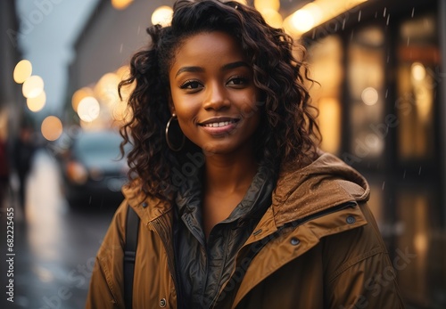 Beautiful young black women wearing coat in raining street, street view on the background