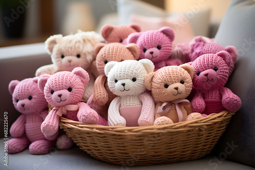 Many small pink crocheted toy bears in the basket. Kids and eco friendly sustainable toys, Joyful little treasures. a variety of colorful crocheted children toys. Copy space.