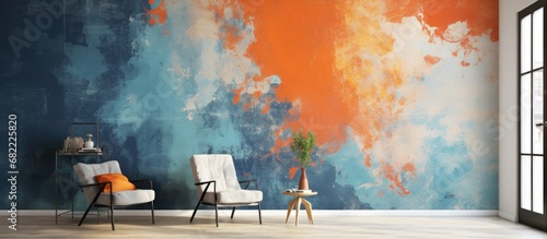 The vintage illustration on the abstract blue and orange grunge wall is a masterpiece, showcasing a unique texture and a mesmerizing design created with a brush and vibrant colors, making it a photo