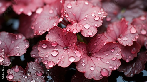 Close-up of fresh red leaves of Heuchera micrantha with water drops. Dark background. Generative AI photo
