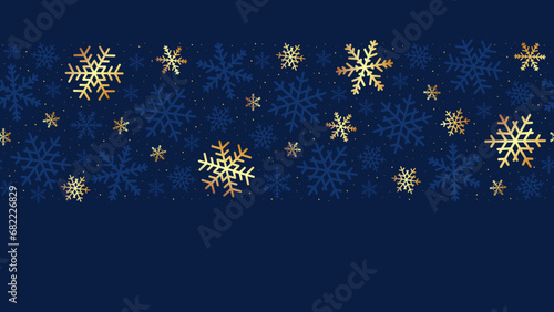 Seamless border with snowflakes and gold dust. Navy christmas background