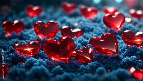 lots of sparkling red and blue hearts on a magical background