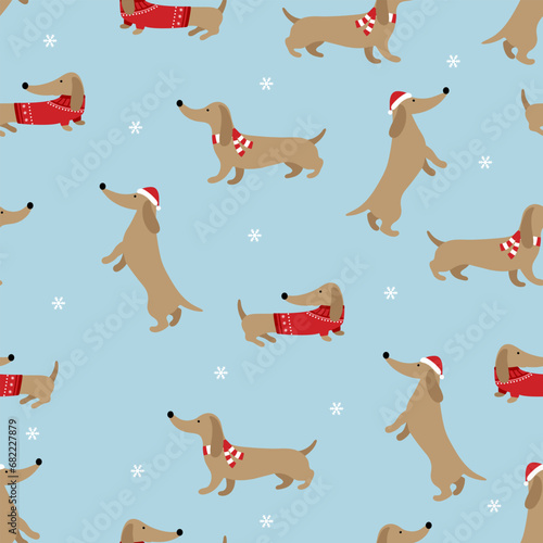 Cute dachshund in a sweater, hat and scarf. New Year's Christmas seamless print