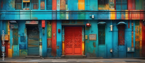 In the bustling city of Big Futuristic City, an old house stood amidst tall buildings, painted in a vibrant combination of blue, green, and orange, showcasing the fusion of Asian architecture and