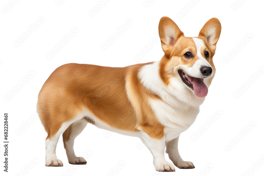 a high quality stock photograph of a single happy satisfied corgi dog isolated on a white background