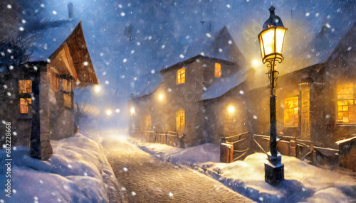 Lonely Street in a small village at night. Winter wonderland, big snowfall. Street lamps. Foggy, magical atmosphere. Generative AI illustration