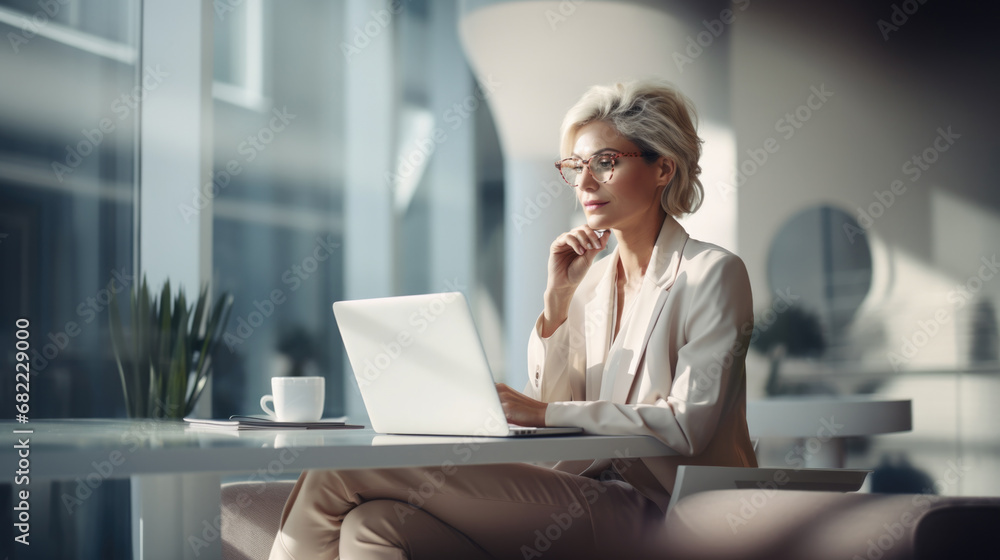 Mature businesswoman ceo using computer,typing, working in modern office. 40 year woman doing online business data market analysis, thinking planning tech strategy looking at laptop, copy space