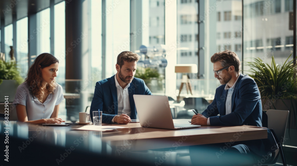 Group of diverse partners mature business man and European business woman discussing project with documents laptop at table in office. Team of colleagues professional business people working together. Group of diverse partners mature business man and European business woman discussing project with documents laptop at table in office. Team of colleagues professional business people working together.
