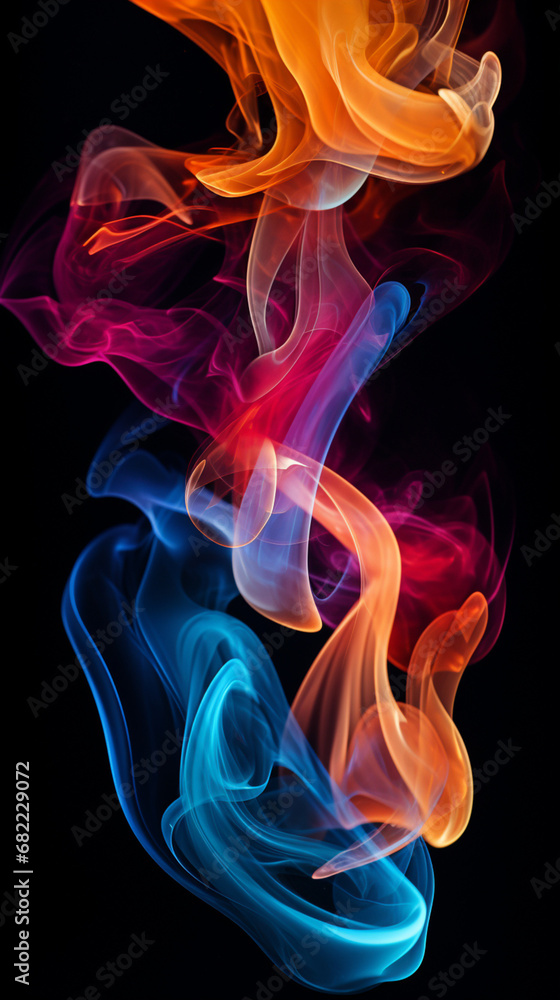 Naklejka premium dramatic smoke swirls in different colours on a black background created with Generative Ai