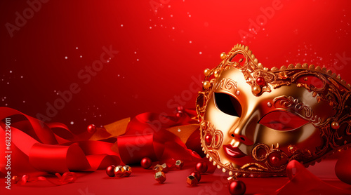 Festive Venetian carnival mask with gold decorations on red background
