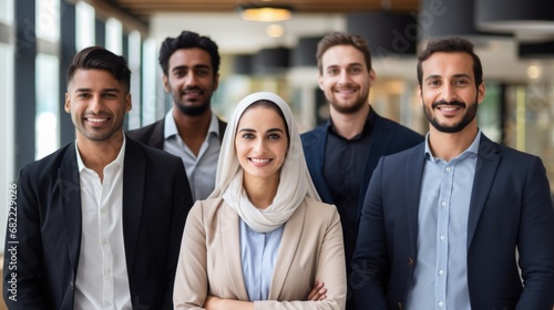 Diverse interracial business team, people diverse group looking at camera. Happy smiling arabic arabian multi-ethnic office workers. Good job, success project and businesspeople partnership concept photo