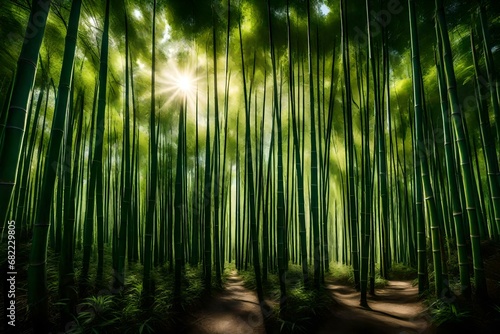 A dense bamboo forest with sunlight filtering through  the sky above adorned with scattered clouds casting shadows on the grove.