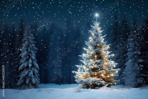 illuminated pine christmas tree snowy forest night © Uzair