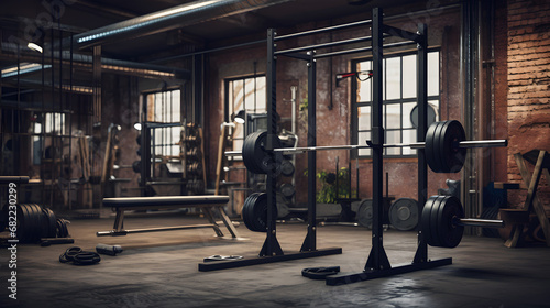 Weightlifting area in gym with barbells and weight plates photo