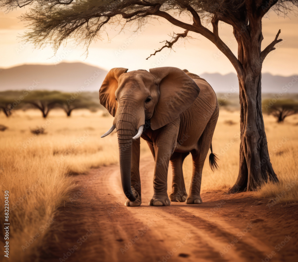 A majestic elephant stands in the middle of a dirt road in the African savanna, with a beautiful sunset in the background.