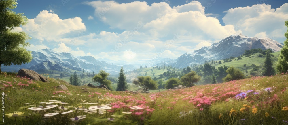 In the vibrant summer meadow, a beautiful floral landscape unfolded, adorned with a colorful tapestry of pink and green leaves, showcasing the natural beauty of blooming flowers, inviting hikers to