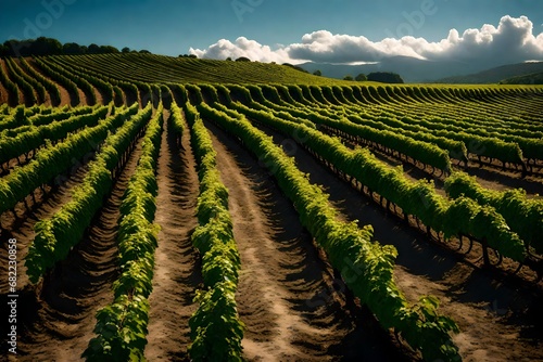 A rolling vineyard with rows of grapevines, the sky above painted with fluffy clouds casting shadows on the landscape.