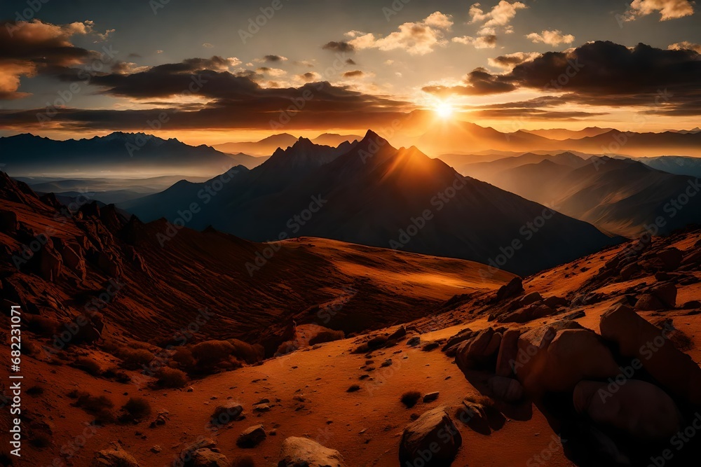 The sun setting behind a range of majestic mountains, casting long shadows and painting the clouds in warm hues.