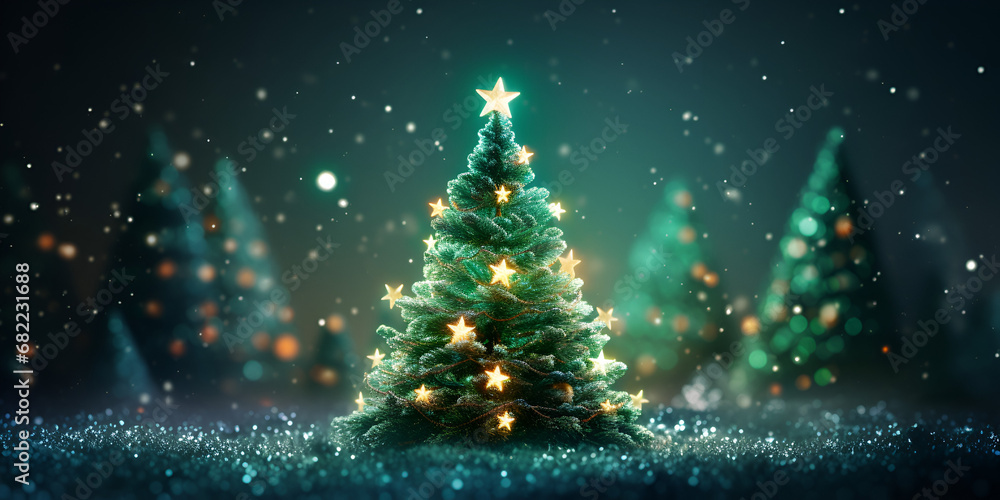 christmas tree decorations, santa claus with gifts, snowman in the snow, Glowing Christmas tree, abstract Christmas background, generative AI

