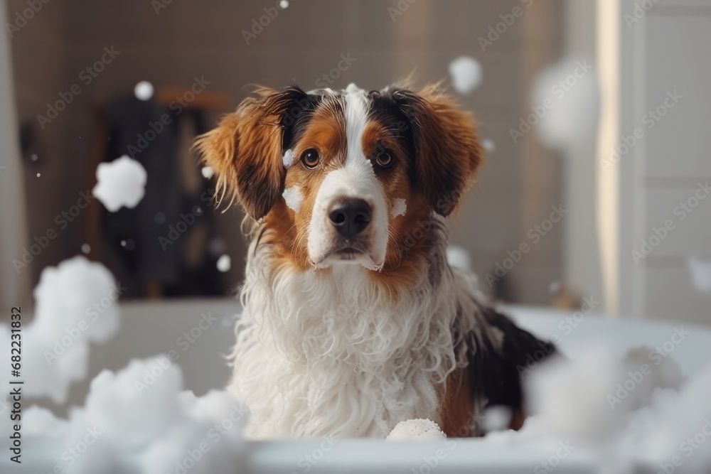 Cute fluffy dog in bath. Dog being bathed in tub with shampoo or soap bubble foam. Pet grooming and clean concept.