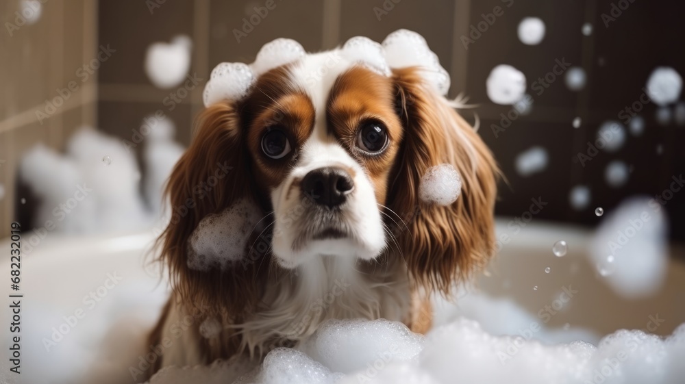 Cute fluffy dog in bath. Dog being bathed in tub with shampoo or soap bubble foam. Pet grooming and clean concept. Cute fluffy dog in bath. Dog being bathed in tub with shampoo or soap bubble foam. Pet grooming and clean concept.