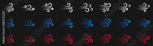 Blowing air lines icon. Blue and red weather symbol set over dark transparent photo