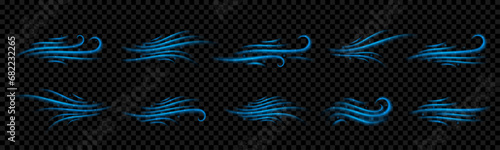 Wind gradient set.  Air wind motion, air blow, swirl elements. Blowing motion. Dark transparent