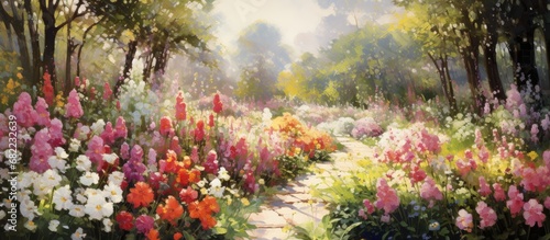 In the vibrant garden, amidst the green foliage, a breathtaking display of colorful flowers, with their textured petals, painted the summer landscape with hues of white, pink, and various vibrant