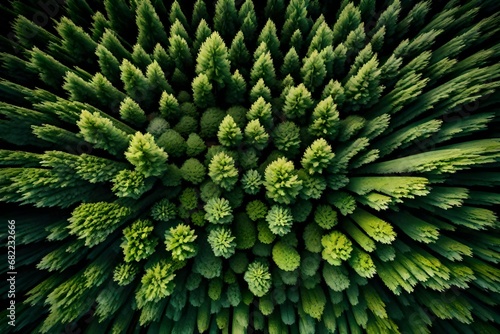 A captivating drone image of a dense green forest, where the camera captures the rhythmic arrangement of trees and the rich textures of the thriving vegetation