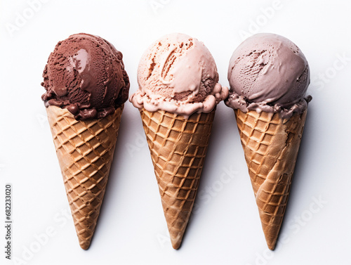 three chocolate ice creams on a white surface, in the style of intense color saturation, nabis, soft, dream-like quality created with Generative Ai