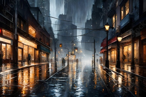 A rain-drenched cityscape  lights reflecting on wet streets  creating a captivating urban scene.
