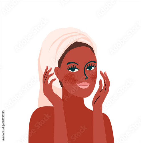 Dark skinned girl takes care of her face. Self care, self love, harmony. Isolated vector