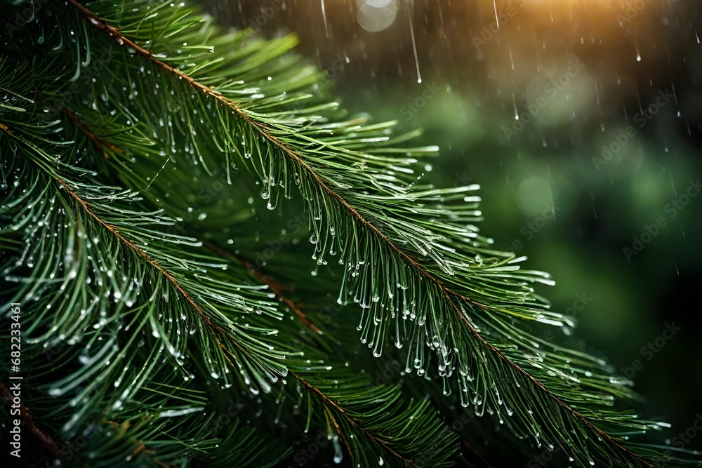 A close-up of rain-soaked pine needles, each one shimmering with the essence of a forest shower.