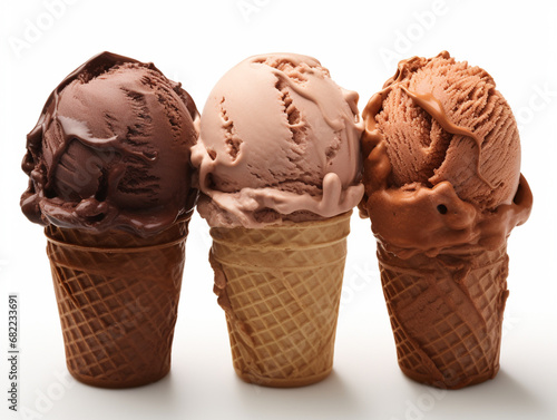 three chocolate ice creams on a white surface, in the style of intense color saturation, nabis, soft, dream-like quality created with Generative Ai