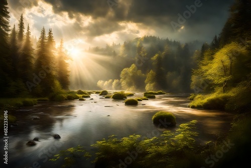A quiet river flowing through a dense forest  sunlight dappling the water s surface through breaks in the clouds.