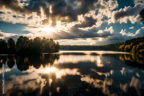 Sunlight breaking through fluffy clouds over a serene lake, casting a golden reflection on the water.