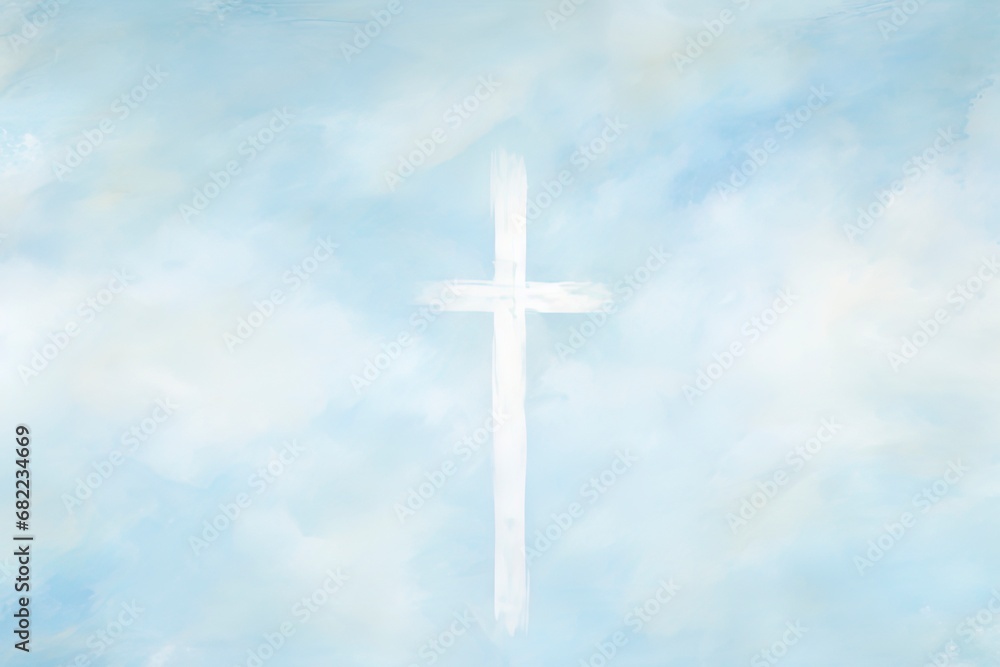 Blue and white christian themed background. Grungy abstract clouds with a cross.