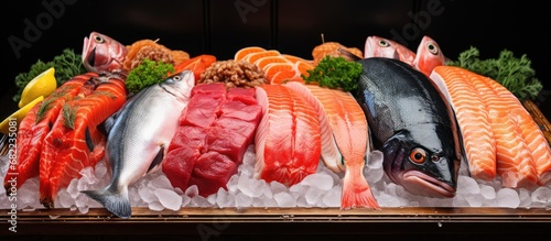 At the retail store market, the closeup display of fresh food showcases a wide variety of seafood, including salmon, trout, cod, tilapia, and haddock fillets from the farm. photo