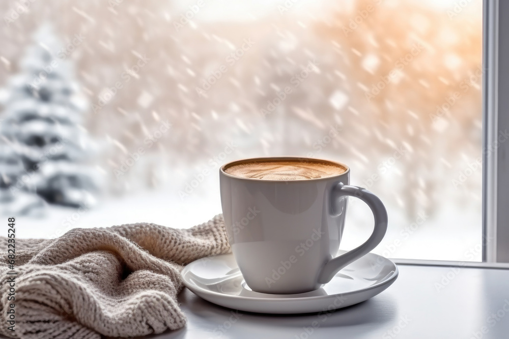 Cup of coffee with knitted scarf on the windowsill. Cup of coffee with knitted scarf on the windowsill.