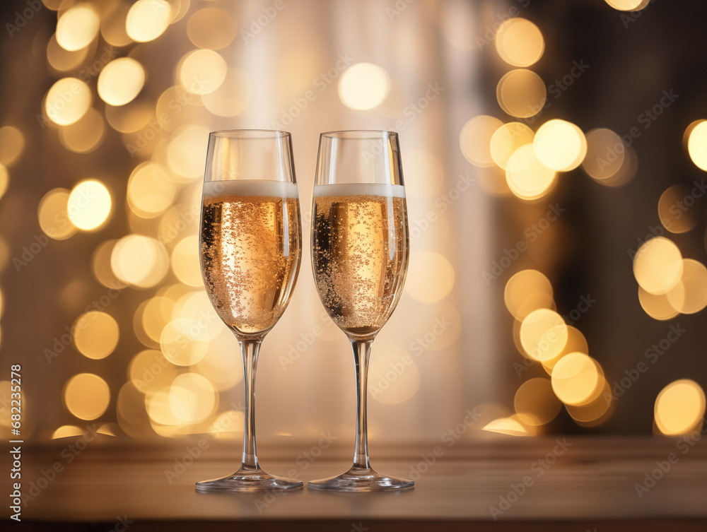 Two glasses of champagne on a table with bokeh background Two glasses of champagne on a table with bokeh background