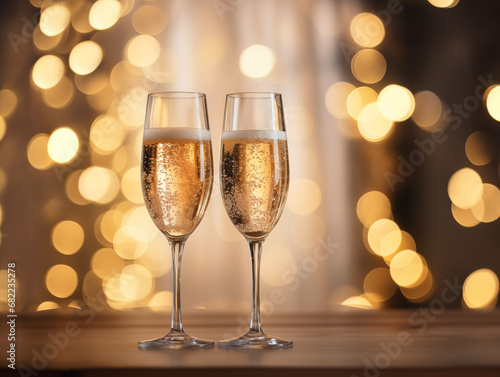 Two glasses of champagne on a table with bokeh background
