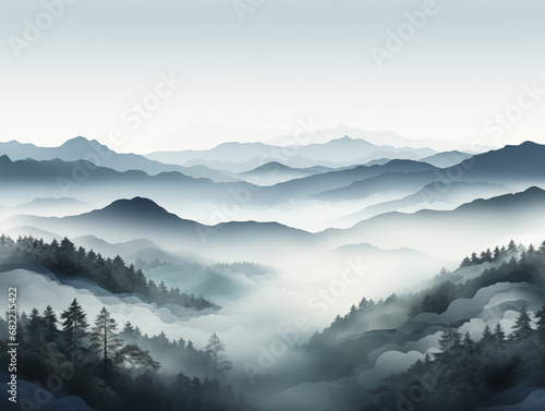 Foggy landscape with mountains in the background. © tbralnina