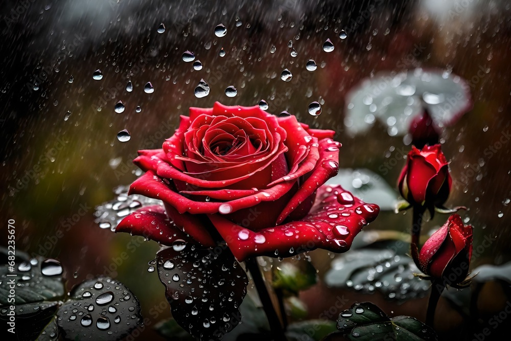 Raindrops on the glossy surface of a red rose, enhancing its romantic allure in the drizzle.