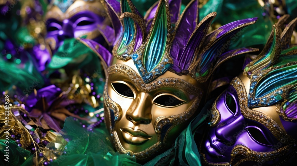 Mardi Gras Venetian masks in golden purple green colors background. Festive colorful Carnival Mardi Gras masquerade mask design for banner, greeting card, prints, poster, party invitation, flyer..