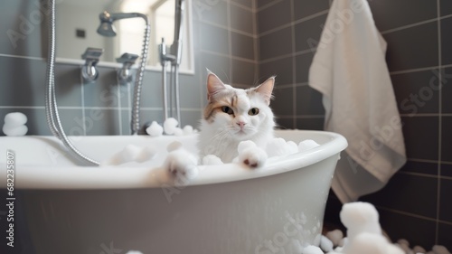 Cute fluffy cat in bath. Cat being bathed in tub with shampoo or soap bubble foam. Pet grooming and clean concept. photo