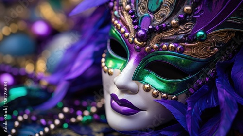 Mardi Gras Venetian masks in golden purple green colors background. Festive colorful Carnival Mardi Gras masquerade mask design for banner, greeting card, prints, poster, party invitation, flyer..