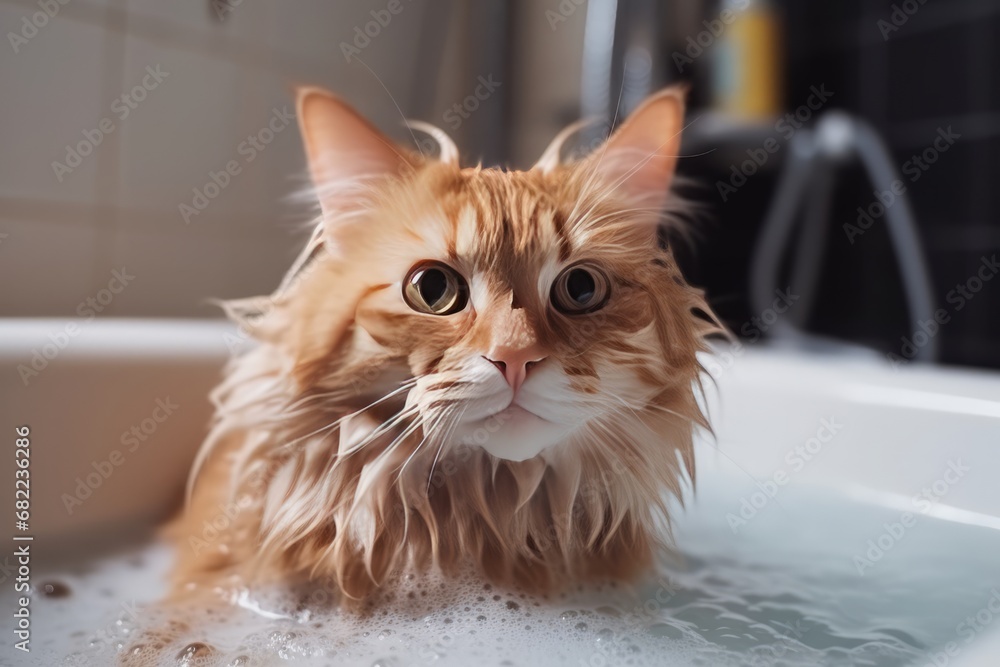 Cute fluffy cat in bath. Cat being bathed in tub with shampoo or soap bubble foam. Pet grooming and clean concept. Cute fluffy cat in bath. Cat being bathed in tub with shampoo or soap bubble foam. Pet grooming and clean concept.